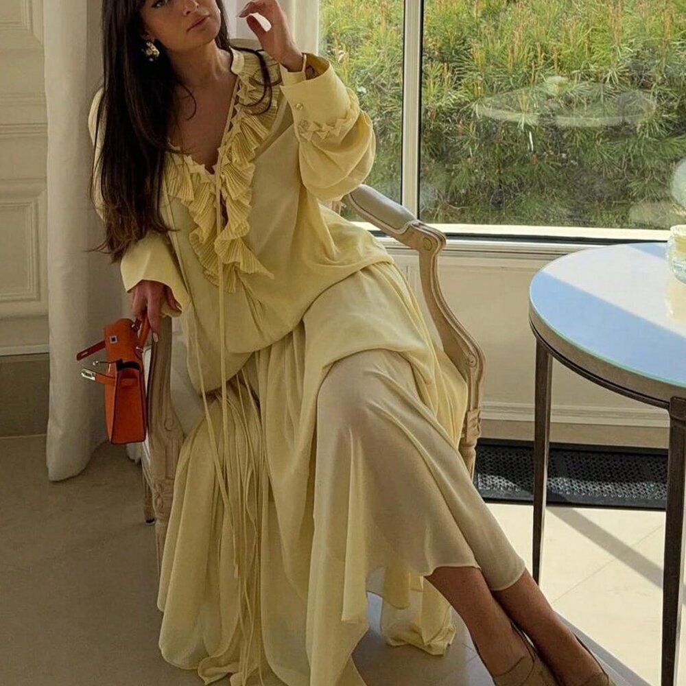 Yellow Casual Women's V-Neck Long Sleeve Blouse with Lace-Up Details - Picture 2 of 11